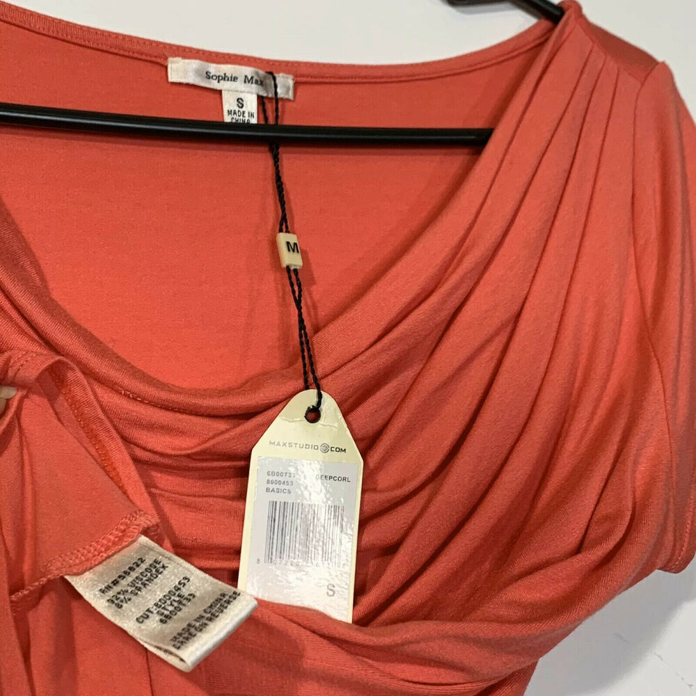Sophie max Women’s Deep Coral Orange Cowl Neck Ruched Sides, Size s blouse top - Picture 6 of 11